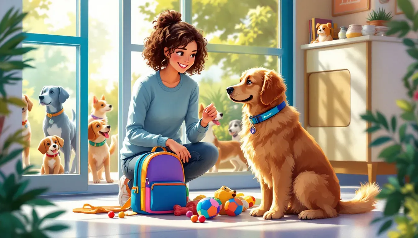 A pet parent preparing their dog for boarding with familiar items.