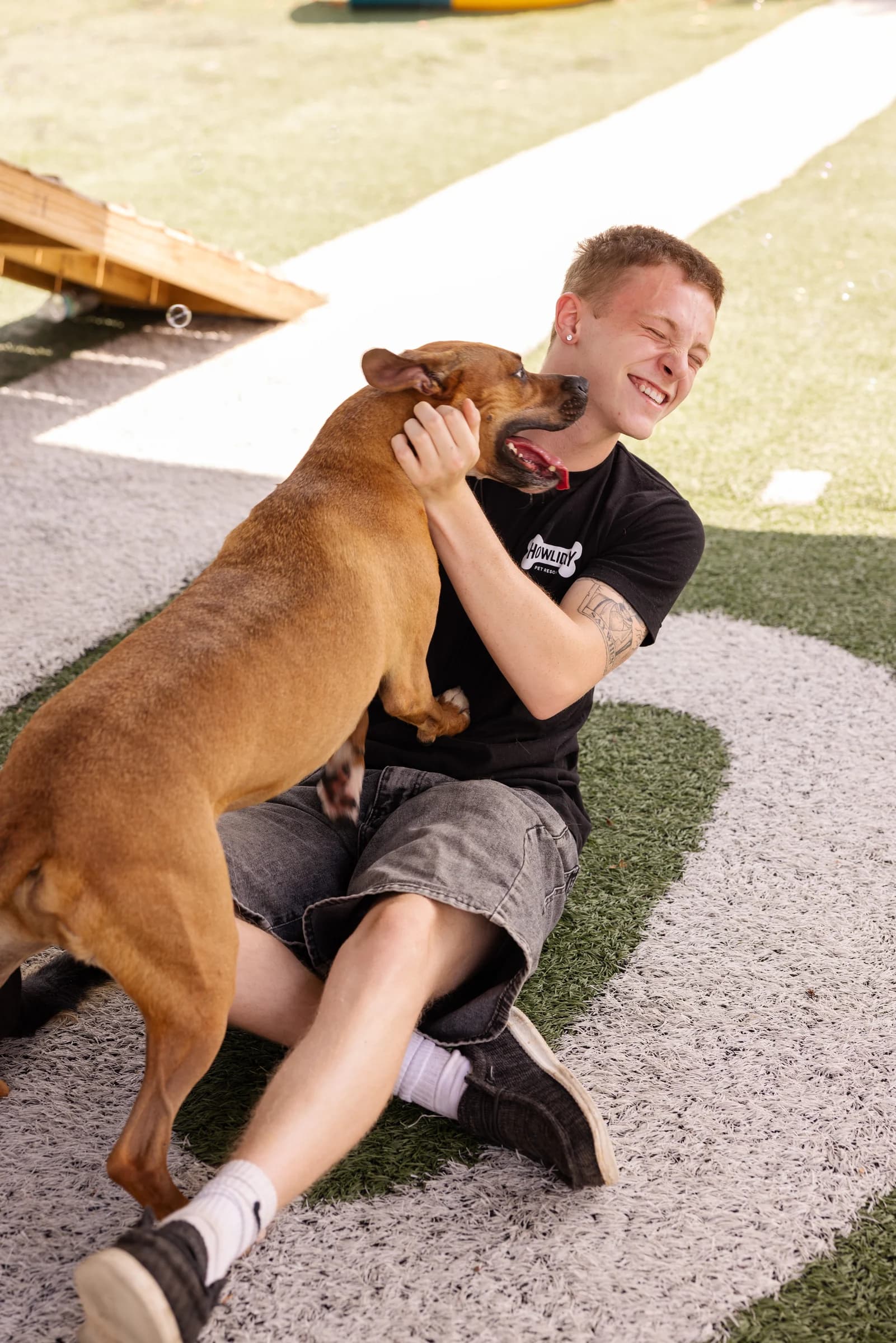 A dog licking the face of a laughing Howliday Pet Resort staff member on the play yard turf